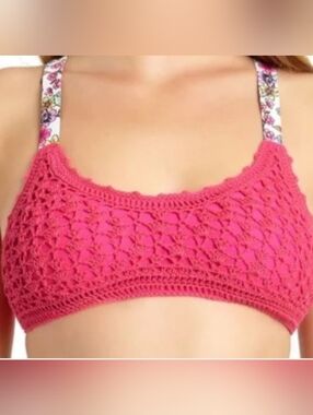 California Waves Crochet Bikini Top S Pink Floral Straps NWT.